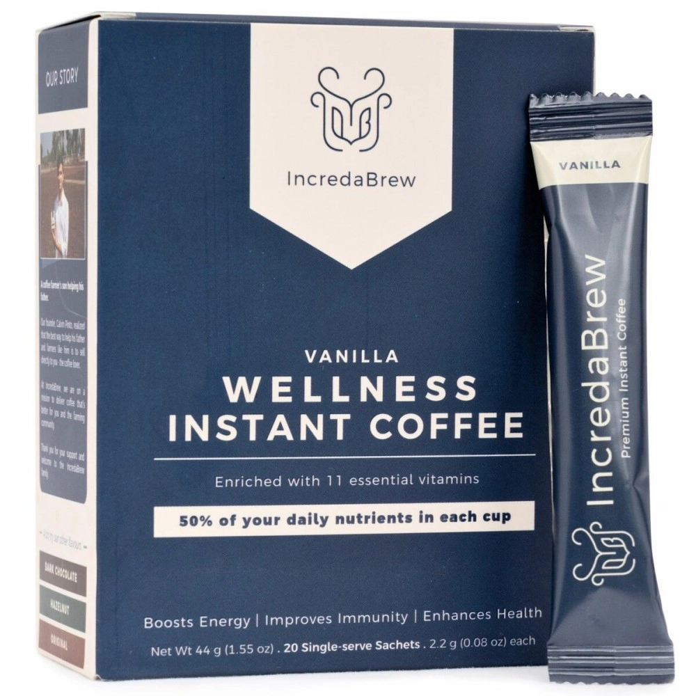 IncredaBrew Vanilla Wellness Instant Coffee Powder - 20 Cups, Vitamin Rich Vanilla Coffee | Flavoured Coffee For Hot/Cold Coffee, Milk/Black Coffee | 20 X 2.2G Instant Coffee Sachets,44 Gm