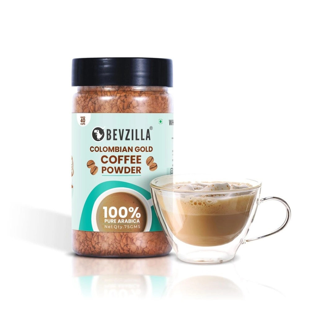 Bevzilla Instant Coffee Powder Colombian Gold - 75 Grams | 100 % Premium Arabica Beans | Hot & Cold Coffee | Makes 40 Cups | Strong Coffee | Flavoured Coffee