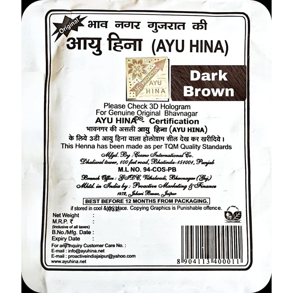 Ayu Hina Henna Dark Brown (Pack of 5), Herbal Hair Color, Original Bhavnagar Henna