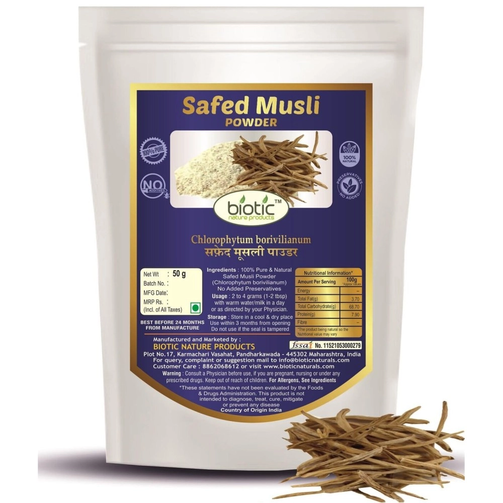 Biotic Safed Musli Powder Organic 50gm - White Musli Powder - Swet Musali Churna- Safed Musli Root Powder - Ayurvedic Shwet Mushli Churn for Men