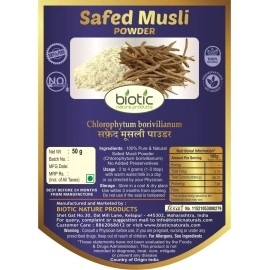 Biotic Safed Musli Powder Organic 50gm - White Musli Powder - Swet Musali Churna- Safed Musli Root Powder - Ayurvedic Shwet Mushli Churn for Men