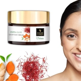 Good Vibes Ubtan Insta Glow Light Day Cream - Contain Saffron, Turmeric, & Vitamin B3 - Natural Exfoliant, Enhances Glow - Light Non Sticky Texture - Suitable For All Skin Types - Chemical Free - 50 g