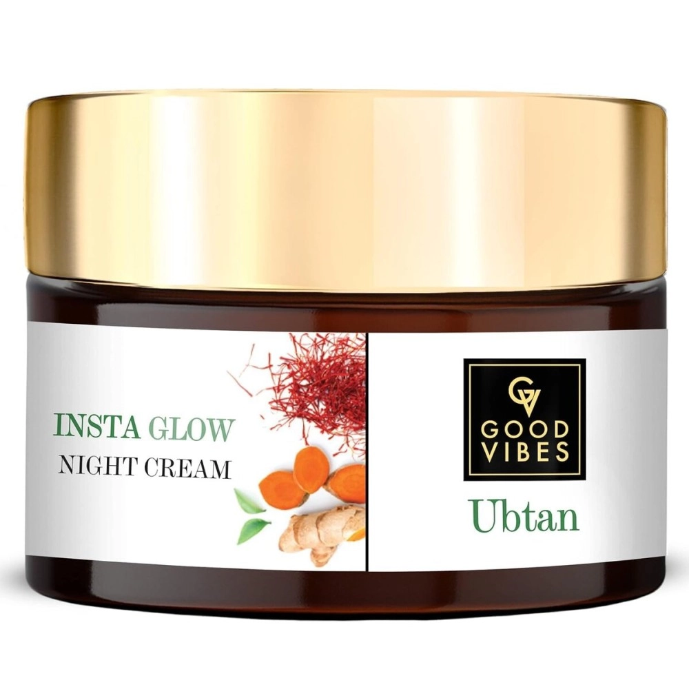 Good Vibes Ubtan Insta Glow Night Cream for All Skin Types Brightening face moisturizer with Turmeric, Saffron & Vitamin B3 No paraben, Sulphate & Mineral Oil skin illuminating & hydrating cream 50gm