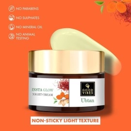 Good Vibes Ubtan Insta Glow Night Cream for All Skin Types Brightening face moisturizer with Turmeric, Saffron & Vitamin B3 No paraben, Sulphate & Mineral Oil skin illuminating & hydrating cream 50gm