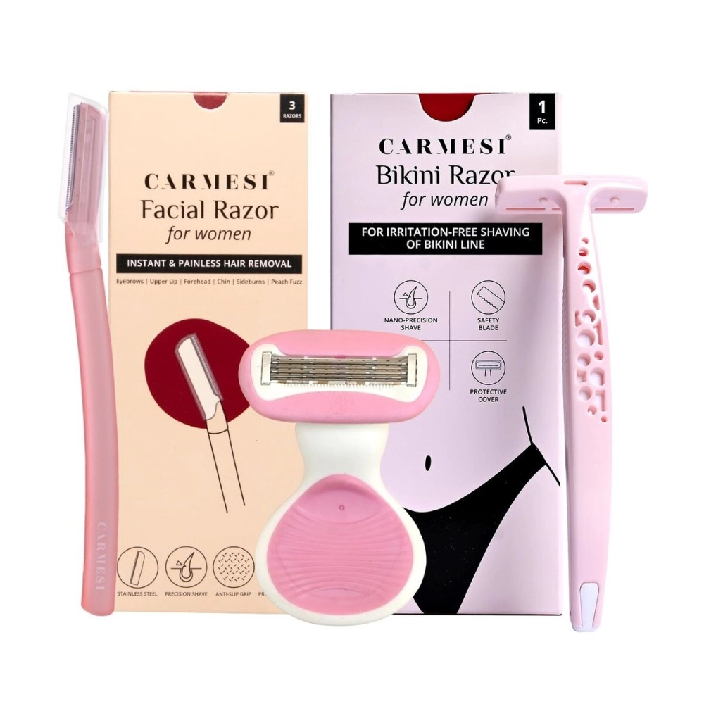 Carmesi Complete Hair Removal Pack | Facial Razor, Body Razor, Bikini Razor | Instant & Painless Hair Removal | Face, Legs, Arms, Underarms, Bikini Line White - Women