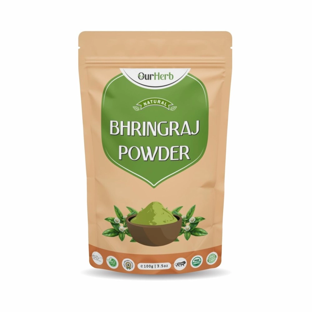 OurHerb Pure & Organic Bhringraj (Eclipta Prostrata) Powder for Natural Hair Care with Wooden Spoon - 100g | 3.5 Oz