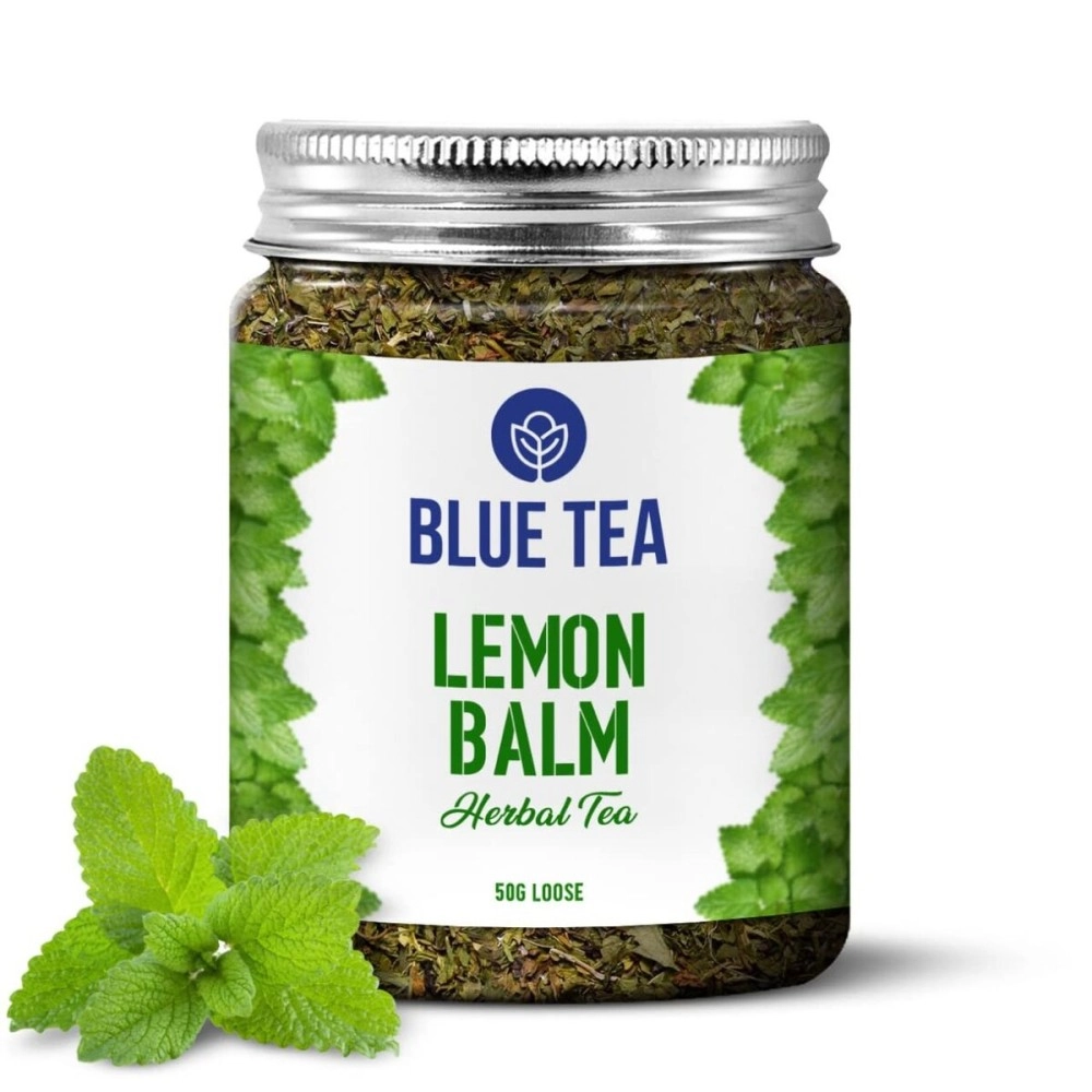 BLUE TEA - Lemon Balm Tea - 50gm - 50+ Cups | RELIEVES STRESS | REDUCES BLOATING | IMPROVES DIGESTION | Leaf Based - Caffeine Free - Non-GMO - Relaxing | Shark Tank Featured | Reusable Pet Jar