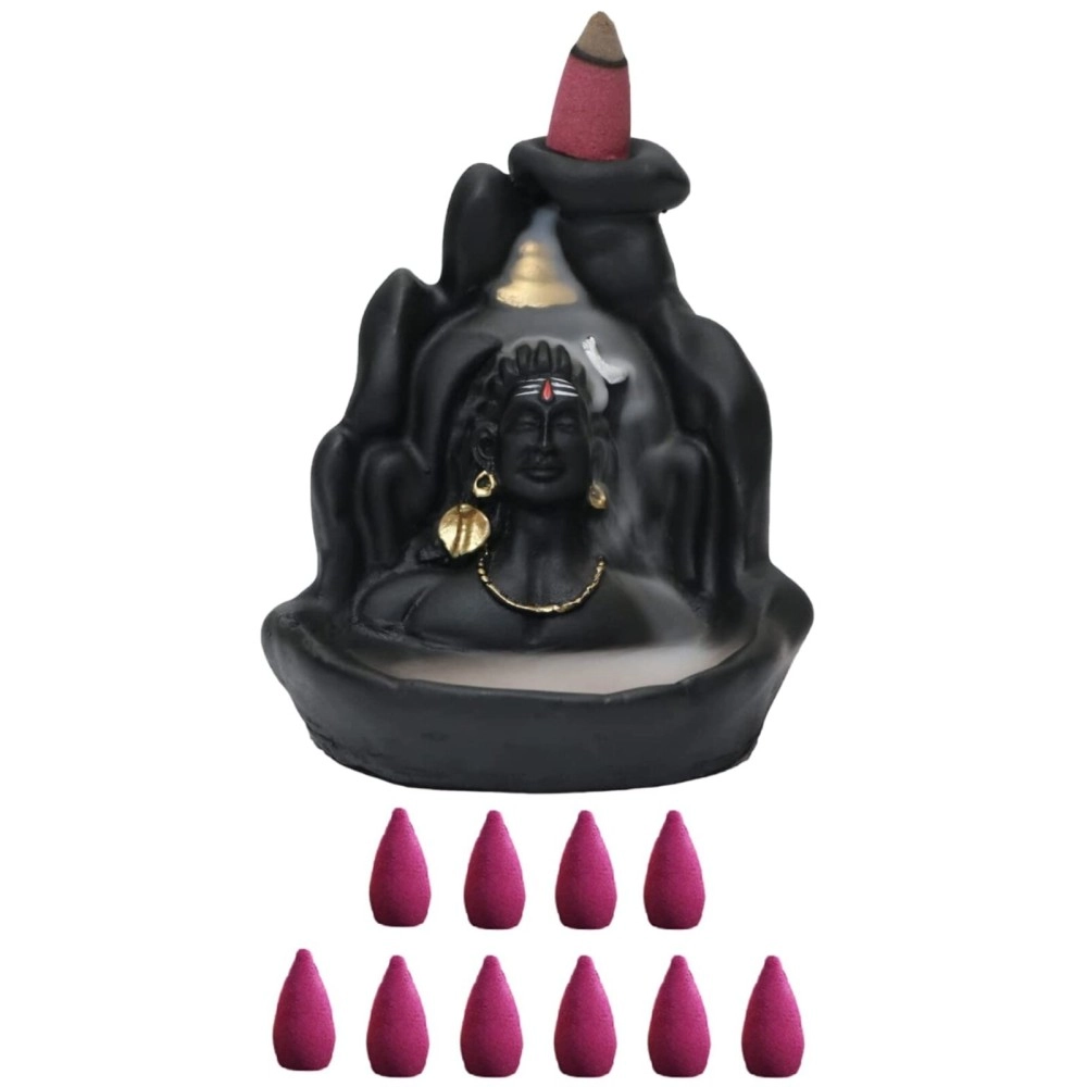 HC VILLA Lord Adiyogi Incense Holder with 30 Free Cones, Mahadev, Shiv Shankara Backflow Cone Incense Holder Decorative Showpiece with 30 Free Smoke Backflow Scented Cone Incenses (Black)