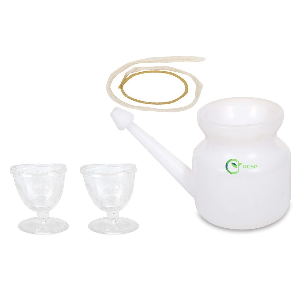 RCSP Round Jal Neti Pot & Eye Wash Cup Set | Helpful in Sinus, Lightweight Round Style Neti Lota with Eye Wash Cup & Neti Sutra Cotton | Pack of 4| 1 Neti Pot, 2Eye Wash Cup, 1Neti Sutra | Combo Pack