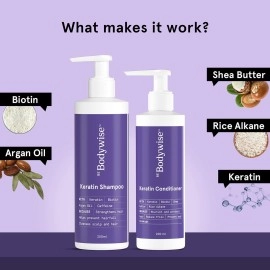 Be Bodywise Keratin Hair Fall Control Shampoo & Conditioner | Ultra Smoothing Shampoo + Conditioner with Niacinamide, Biotin, Argon Oil, Shea Butter & Caffeine | Paraben & SLS free, 450ml.