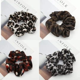 BELICIA Cheetah Hair Scrunchies 5pcs Big Large Fashion Chiffon Leopard-print Scrunchie Ponytail Holder Hair Elastic Hair Ties Hair Bands Animal-printed Pattern Scrunchy for Women Landy