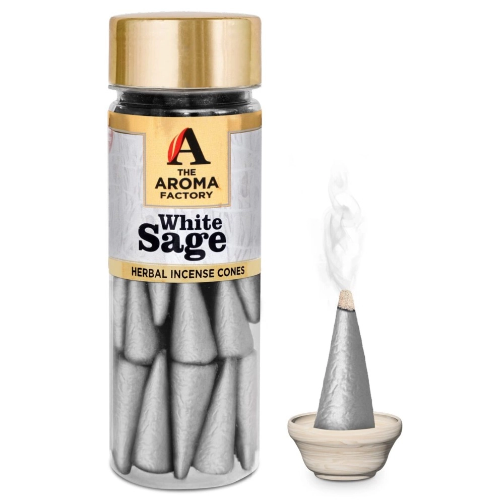 The Aroma Factory Incense Dhoop Cone White Sage (100% Herbal Leaves Healing & 0% Charcoal) 1 Bottle x 90g