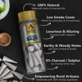 The Aroma Factory Incense Dhoop Cone White Sage (100% Herbal Leaves Healing & 0% Charcoal) 1 Bottle x 90g