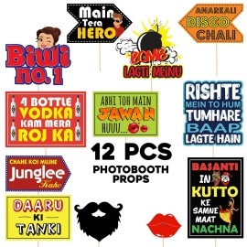 Zyozique Bollywood Funny Photo Booth Props - 12 pc Photobooth Kit - Movie Night Supplies - Bollywood Party Decorations