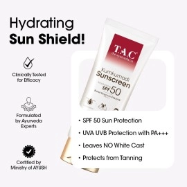 TAC - The Ayurveda Co. Kumkumadi Sunscreen Ultra Light SPF 50 with UVA/UVB PA+++, for Sun Protection, Dull & Dry Skin, for Women & Men, All Skin Types, 50gm