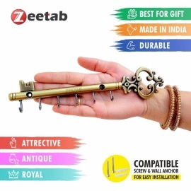 Zeetab Royal Key Holder | Rajwadi Key Stand with 6 Hook & Brass Metal Wall Mount Hanger | Home Decor Gift (24x6cm) (Antique)