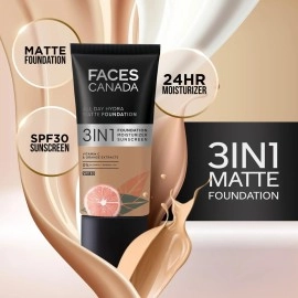 FACESCANADA All Day Hydra Matte Foundation | 3-in-1 Foundation + Moisturizer + SPF 30 | 24 HR Aloe Hydration & Vitamin C | 10HR Long Wear | Medium to High Buildable Coverage | 25ml
