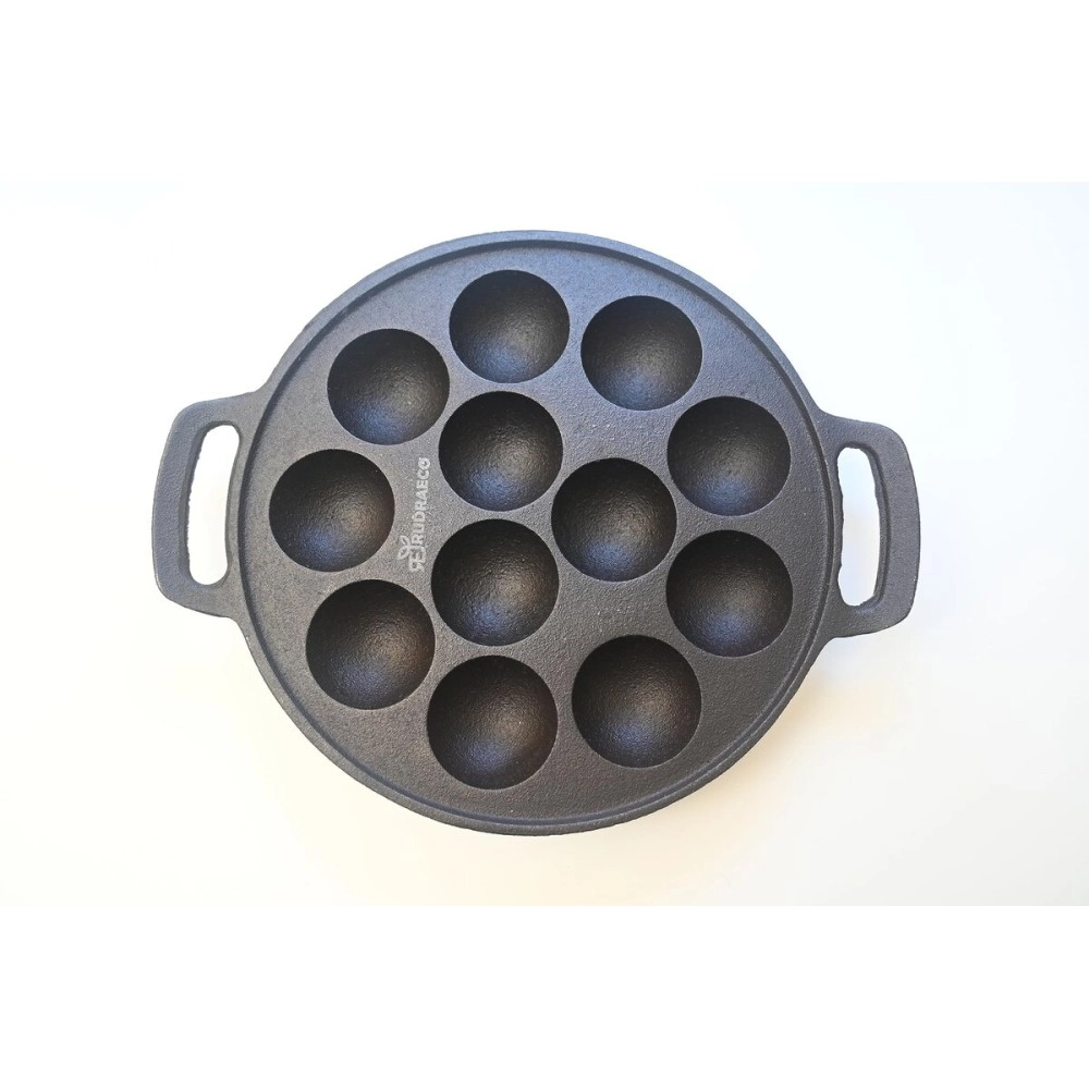RudraEco Cast Iron Preseasoned 12 Pits Paniyaram/Appe Pan/Paddu/Appam Maker/Chatti/Cavity/Ponganalu Maker