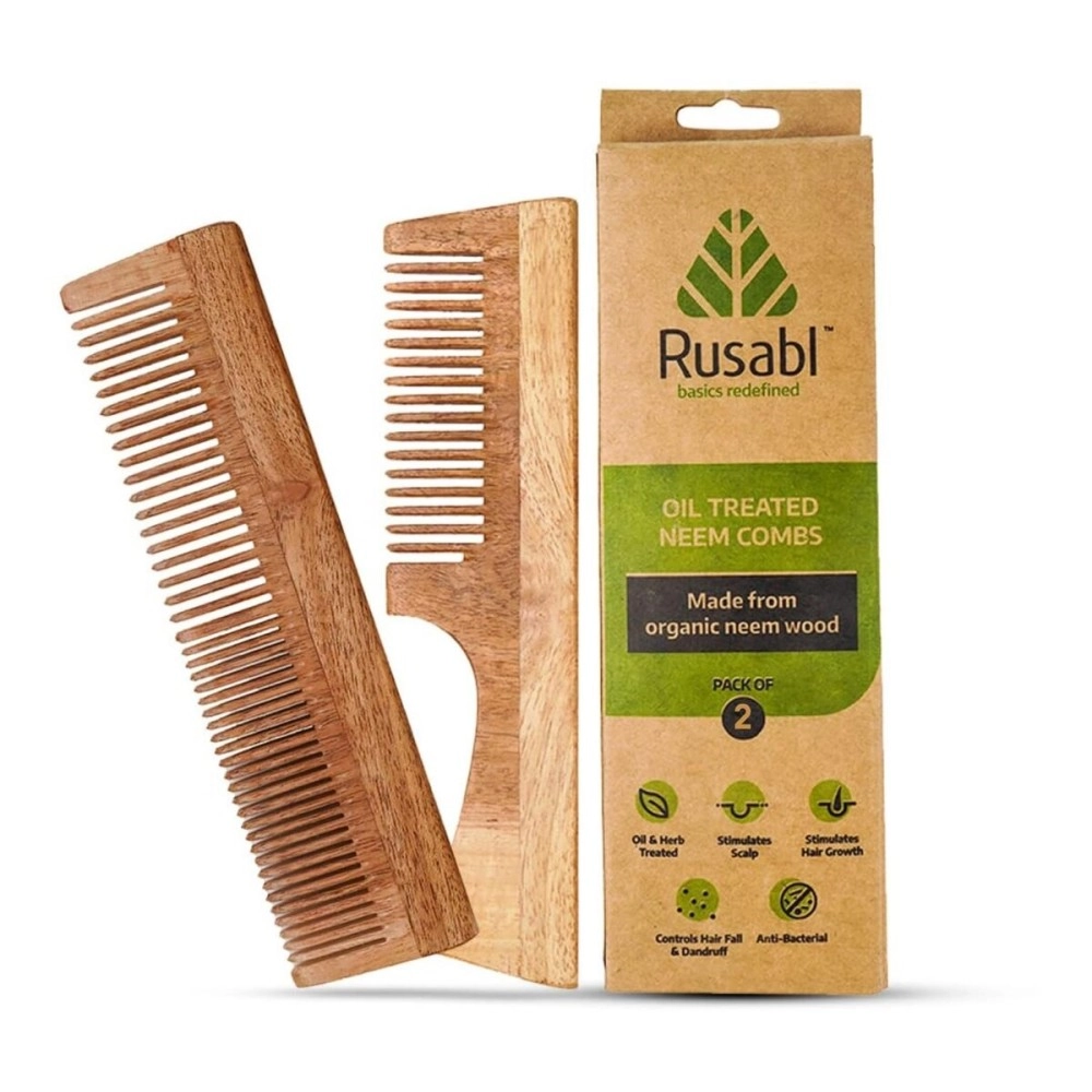 Rusabl Neem Comb - Wooden Comb For Multi-Actions - Detangling, Frizz Control & Shine, Rusabl Oil Treated Neem Comb, Promotes Hair Growth & Prevents Damage, Comb With Wooden Teeth (Fine + Wide tooth)