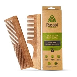 Rusabl Neem Comb - Wooden Comb For Multi-Actions - Detangling, Frizz Control & Shine, Rusabl Oil Treated Neem Comb, Promotes Hair Growth & Prevents Damage, Comb With Wooden Teeth (Fine + Wide tooth)