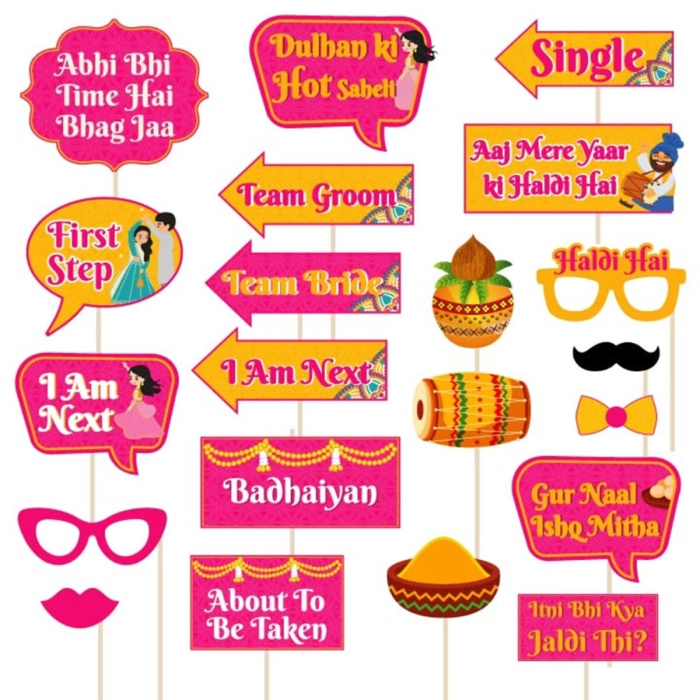 Festiko Haldi Ceremony Props Set of 25 Pcs for Wedding and Photo Booth Decoration, Props for Bride and Family