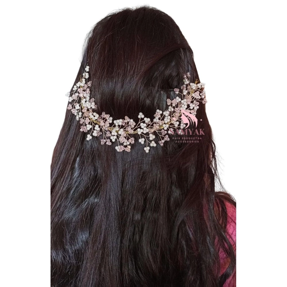 Samyak Crystal Pearl Hair Tiara Vine Hair Headband Headdress Hair Jewellery For Women | Hair Pin | Bun | Hair Accessory For Bridal Wedding Bridesmaid, Pink, Pack of 1