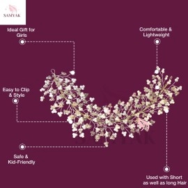 Samyak Crystal Pearl Hair Tiara Vine Hair Headband Headdress Hair Jewellery For Women | Hair Pin | Bun | Hair Accessory For Bridal Wedding Bridesmaid, Pink, Pack of 1