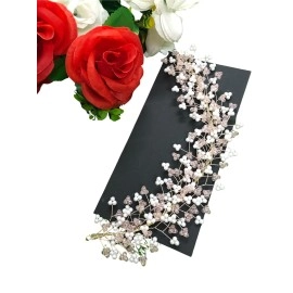 Samyak Crystal Pearl Hair Tiara Vine Hair Headband Headdress Hair Jewellery For Women | Hair Pin | Bun | Hair Accessory For Bridal Wedding Bridesmaid, Pink, Pack of 1