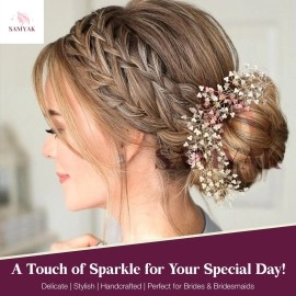 Samyak Crystal Pearl Hair Tiara Vine Hair Headband Headdress Hair Jewellery For Women | Hair Pin | Bun | Hair Accessory For Bridal Wedding Bridesmaid, Pink, Pack of 1