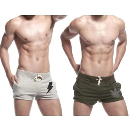 hotfits Men\'s Grey & Green Cotton Gym Shorts Pack of 2 - Leaf -Charger, Multicolour, M