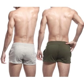 hotfits Men\'s Grey & Green Cotton Gym Shorts Pack of 2 - Leaf -Charger, Multicolour, M