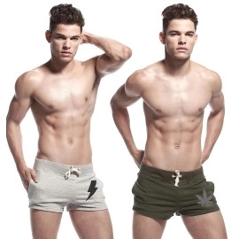 hotfits Men\'s Grey & Green Cotton Gym Shorts Pack of 2 - Leaf -Charger, Multicolour, M