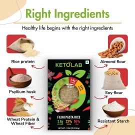Ketolab Keto Filini Rice 200g. 3.5g Net Carb & 16g High Protein/Serving. Identical to Regular Rice. Ultra Low Carb. Pre-Biotic High Fibre. Low Glycemic Index(GI). Weight Loss Diet, Diabetic Friendly