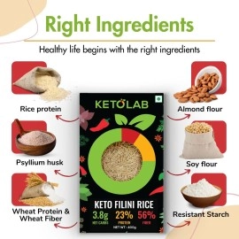 Ketolab Keto Orzo Rice, 400 Gms, 1 Pack, 3.5g Net Carb & 16g High Protein/Serving, Identical to Regular Rice, Ultra Low Carb, Pre-Biotic High Fibre, Low Glycemic Index(GI), For Keto Diet & Weight Loss
