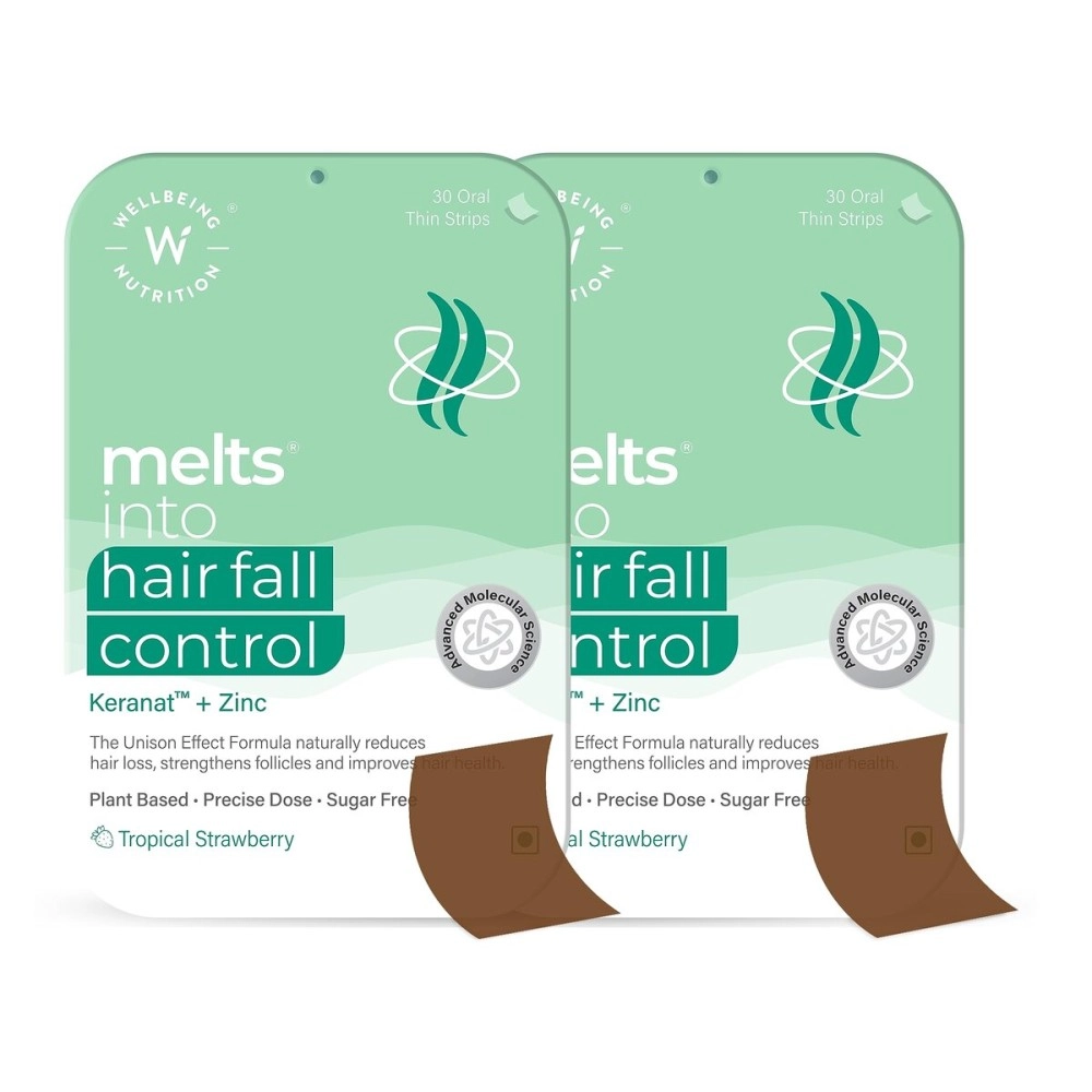 Wellbeing Nutrition Melts Hair Fall Control | Keranat & Zinc- Plant-Based Hair Loss Support to Improve Hair Anchoring, Nourish Follicles, Improve Volume & Thickness (60 oral strips) (Pack Of 2)