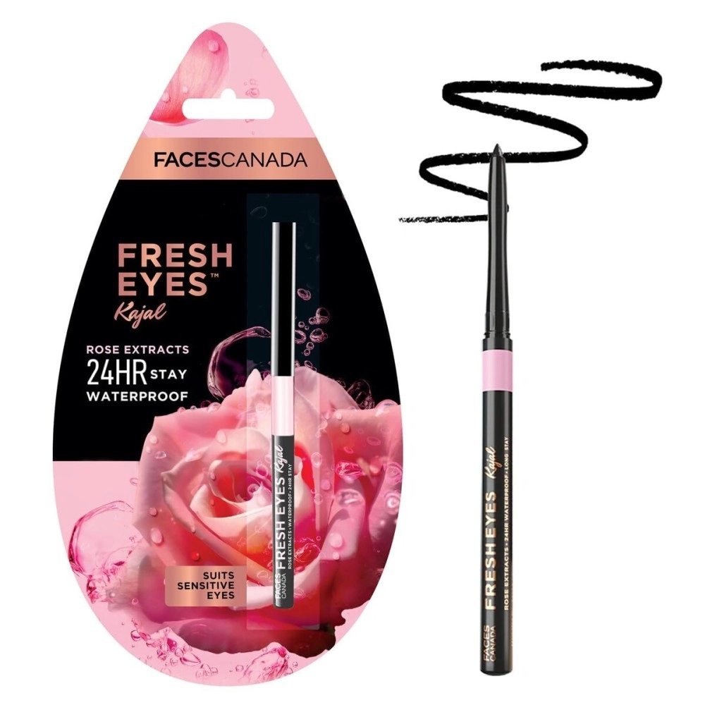 FACES CANADA Fresh Eyes Kajal 0.35g | With Rose Extracts | 24HR Waterproof | Suits Sensitive Eyes | Intense Black Matte Finish | Soothes & Cools | Refreshes Tired Eyes | Gentle | Smudgeproof | Vegan