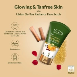 Lotus Botanicals Ubtan De-Tan Radiance Face Scrub With 24K Gold For Gentle Exfoliation, Unclogs Pores, Glowing & Rejuvenated Skin, Anti-Tan, No Silicon, Sulphates, Comedogenic & Preservatives, 100g