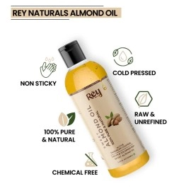 Rey Naturals Sweet Almond Hair Oil (Badam Oil) | 100% Pure, Cold Pressed Almond Oil For Face, Skin & Hair | Rich In Vitamin-E | Oil For Soft, Shiny & Dandruff Free Hair | 200ml