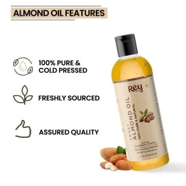 Rey Naturals Sweet Almond Hair Oil (Badam Oil) | 100% Pure, Cold Pressed Almond Oil For Face, Skin & Hair | Rich In Vitamin-E | Oil For Soft, Shiny & Dandruff Free Hair | 200ml