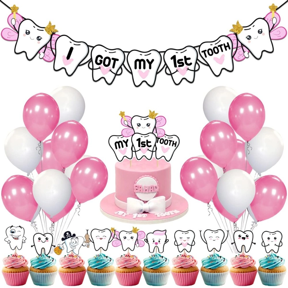 ZYOZIQUE 37 Pcs -I Got My First Tooth Decoration/First Tooth Decoration/First Tooth Decoration Items for Baby/My First Tooth Decoration/1st Tooth Photoshoot Decoration-Colour Pink
