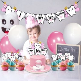 ZYOZIQUE 37 Pcs -I Got My First Tooth Decoration/First Tooth Decoration/First Tooth Decoration Items for Baby/My First Tooth Decoration/1st Tooth Photoshoot Decoration-Colour Pink