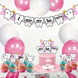 ZYOZIQUE 37 Pcs -I Got My First Tooth Decoration/First Tooth Decoration/First Tooth Decoration Items for Baby/My First Tooth Decoration/1st Tooth Photoshoot Decoration-Colour Pink