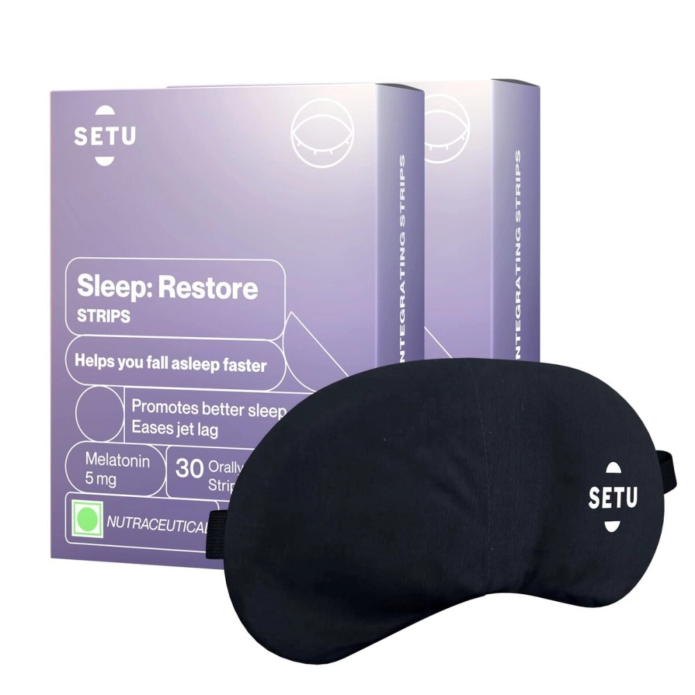 Setu Melatonin 5mg - 30 Orally Dissolving Strips (Pack of 2) + Eye Mask | Promotes Relaxation & Sleep, Eases Jet Lag Strain, Non Habit Forming | Tasty Mint Flavour