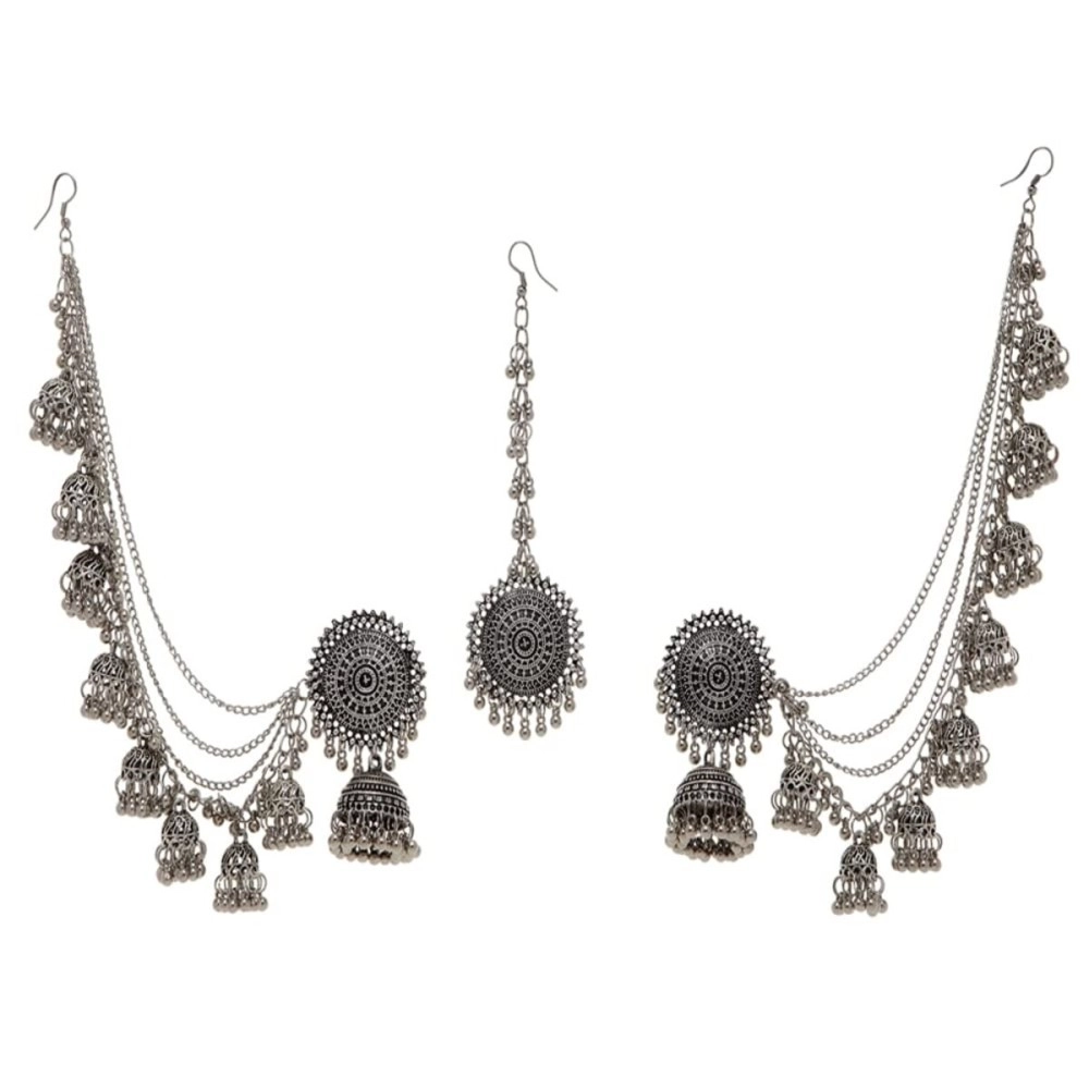 Shining Diva Fashion Latest Stylish Oxidised Maang Tikka Bahubali Jhumka Earrings for Women and Girls (12395er), One Size
