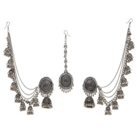 Shining Diva Fashion Latest Stylish Oxidised Maang Tikka Bahubali Jhumka Earrings for Women and Girls (12395er), One Size