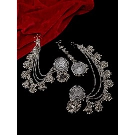 Shining Diva Fashion Latest Stylish Oxidised Maang Tikka Bahubali Jhumka Earrings for Women and Girls (12395er), One Size