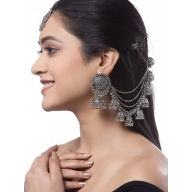 Shining Diva Fashion Latest Stylish Oxidised Maang Tikka Bahubali Jhumka Earrings for Women and Girls (12395er), One Size