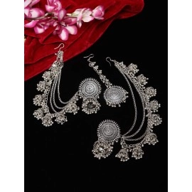 Shining Diva Fashion Latest Stylish Oxidised Maang Tikka Bahubali Jhumka Earrings for Women and Girls (12395er), One Size