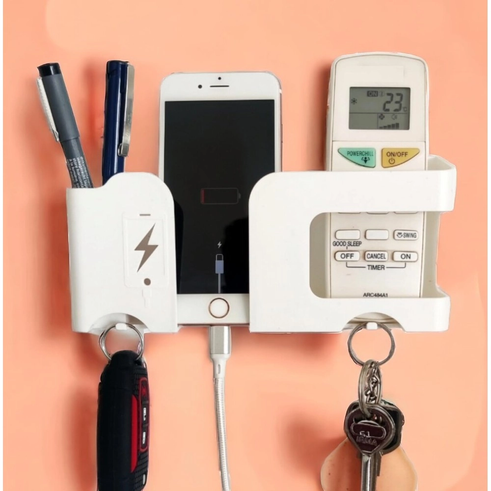 GEOCARTER Wall Mobile Holder, Multi-Purpose Phone Charging Stand, Space Saving Remote, Keychain Holder & Pen-Pencil Organiser for Wall Mount, Portable Smart Gadget Mobile Accessories -White, Pack-1