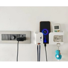 GEOCARTER Wall Mobile Holder, Multi-Purpose Phone Charging Stand, Space Saving Remote, Keychain Holder & Pen-Pencil Organiser for Wall Mount, Portable Smart Gadget Mobile Accessories -White, Pack-1